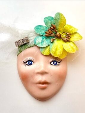 Hand Painted Porcelain Lady Face Flapper Flower Feathers Signed 2018 Missing Pin